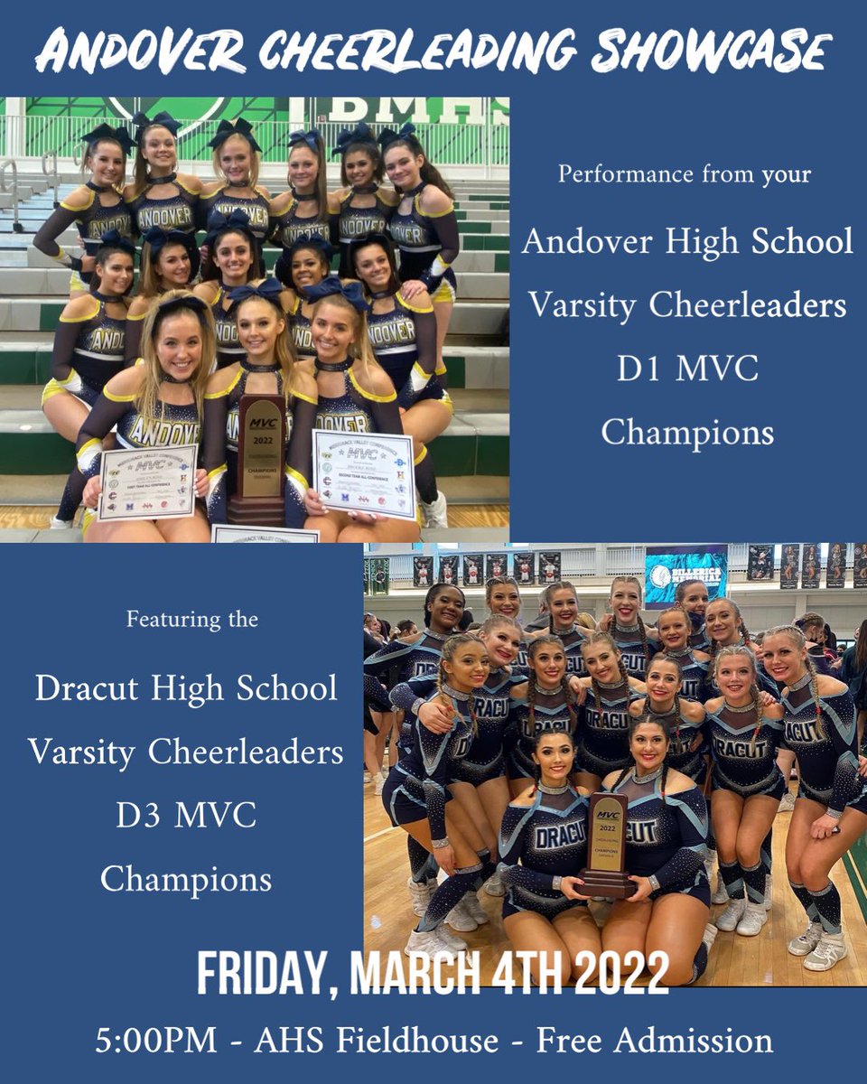 Andover Cheerleading (@ahs_cheering) on Twitter photo โผ๏ธSHOWCASEโผ๏ธ
Come support your AHS varsity cheerleaders as we head to Regionals! Featured performance from <a href="/DracutCheer/">Dracut HS Cheer</a> ๐๐ See you there! โผ๏ธSHOWCASEโผ๏ธ
Come support your AHS varsity cheerleaders as we head to Regionals! Featured performance from <a href="/DracutCheer/">Dracut HS Cheer</a> ๐๐ See you there!