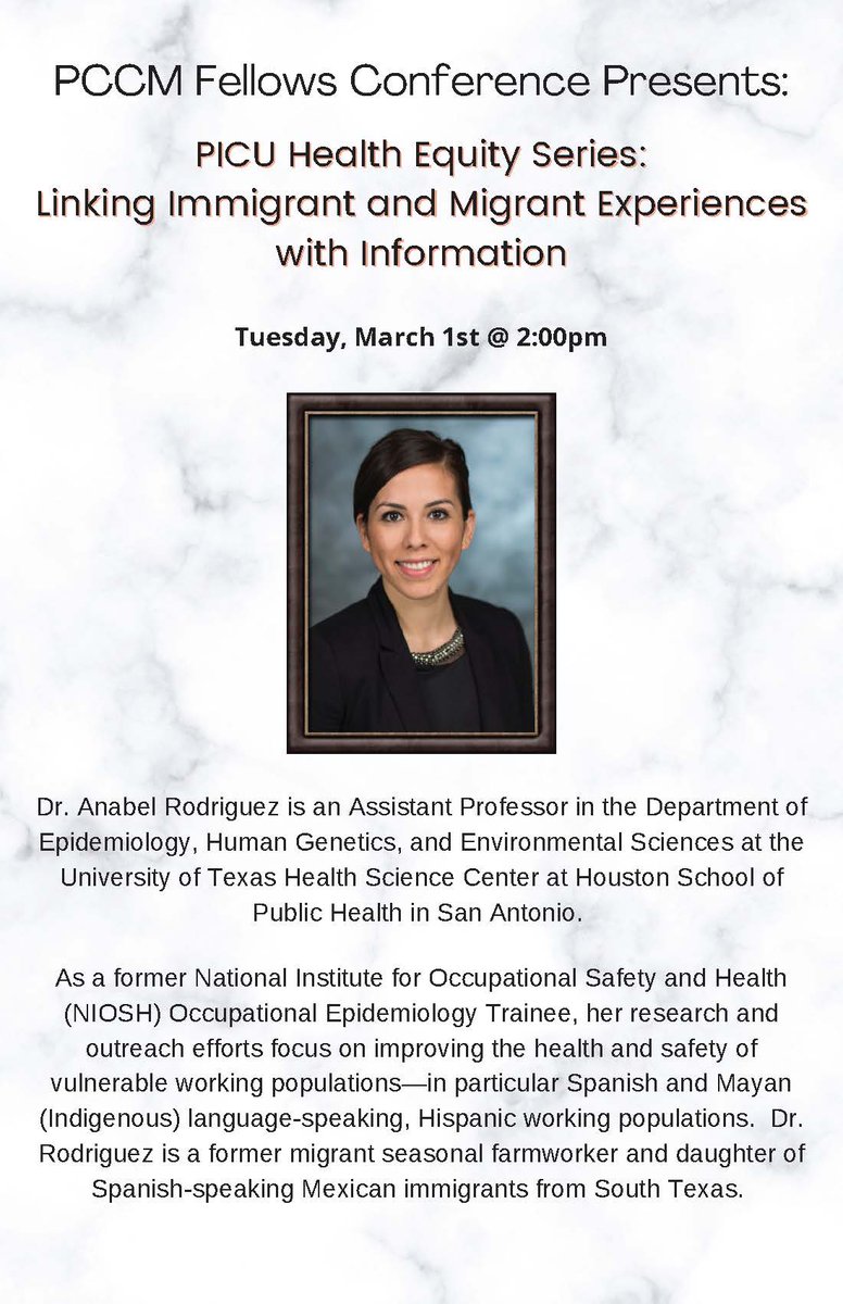 We are looking forward to the PCCM Fellows Conference on March 1st at 2 PM. Dr. Anabel Rodriguez will be presenting “PICU Health Equity Series: Linking Immigrant and Migrant Experiences with Information."

#stanfordpccm #stanford #fellowship