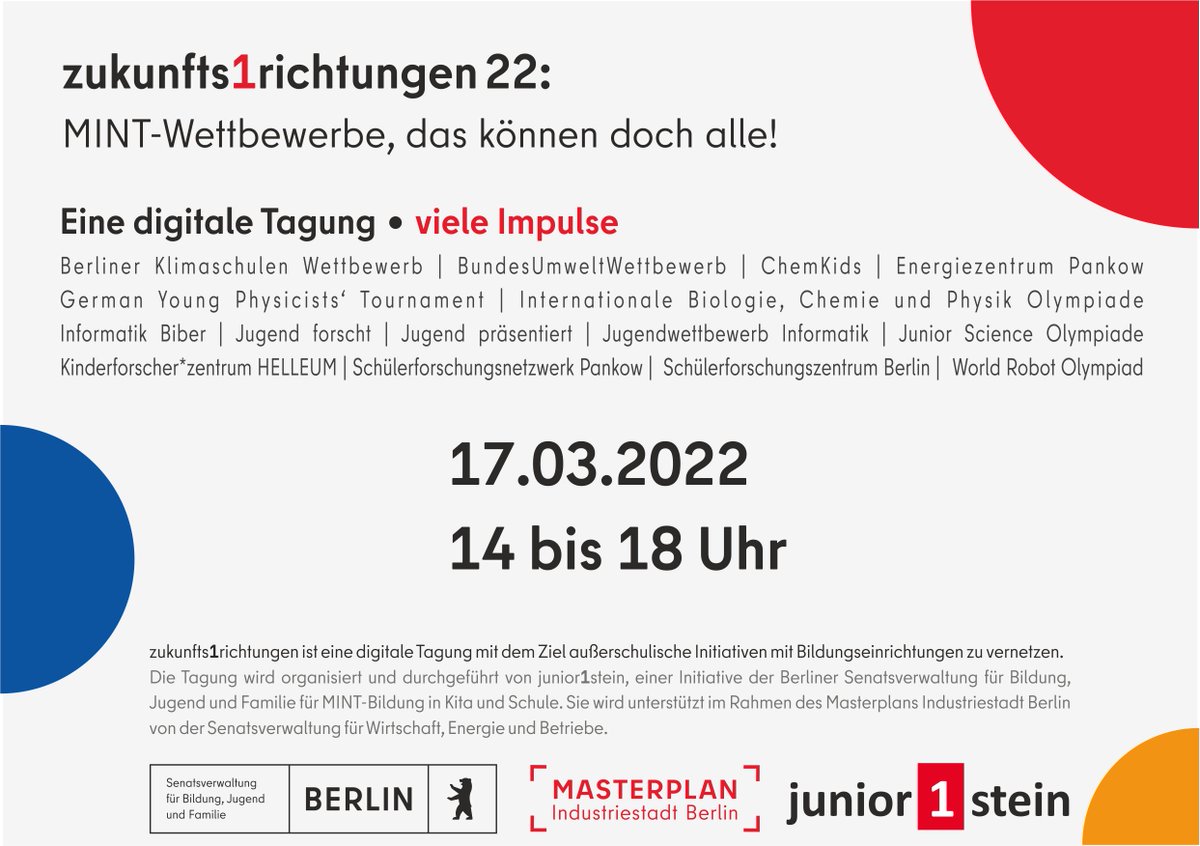 Liebes #twlz, liebe #MINT-Initiativen, ich möchte euch herzlich einladen zu unserer digitalen Tagung "#zukunfts1richtungen22: MINT-Wettbewerbe, das können doch alle!"

👉Anmeldung: tinyurl.com/5ausr3h2
 
 <a href="/jugend_forscht/">Jugend forscht</a>  <a href="/TBeV_Roboter/">TECHNIK BEGEISTERT e.V.</a> <a href="/J_praesentiert/">Jugend präsentiert</a>  #MINT #junior1stein