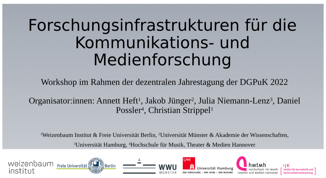 Daniel Possler (@dpossler) on Twitter photo Wie können Material- bzw. Datenzugang und -archivierung für die Kommunikations- und Medienforschung verbessert werden? <a href="/akheft/">A. Heft</a>, <a href="/jniemannlenz/">Julia Niemann-Lenz</a>, <a href="/jajuenger/">Jakob Jünger</a>, <a href="/strippel/">Christian Strippel</a> und ich freuen uns auf spannende Diskussionen im #dgpuk22-Workshop zu Forschungsinfrastrukturen.
#dgpuk2022 Wie können Material- bzw. Datenzugang und -archivierung für die Kommunikations- und Medienforschung verbessert werden? <a href="/akheft/">A. Heft</a>, <a href="/jniemannlenz/">Julia Niemann-Lenz</a>, <a href="/jajuenger/">Jakob Jünger</a>, <a href="/strippel/">Christian Strippel</a> und ich freuen uns auf spannende Diskussionen im #dgpuk22-Workshop zu Forschungsinfrastrukturen.
#dgpuk2022
