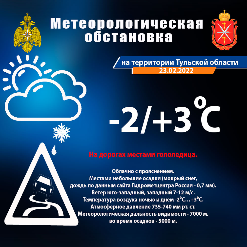 На сайте ГУ #МЧС России доступен ежедневный оперативный #прогноз возникновения и развития #ЧС на 23.02.2022 года
71.mchs.gov.ru/deyatelnost/pr…