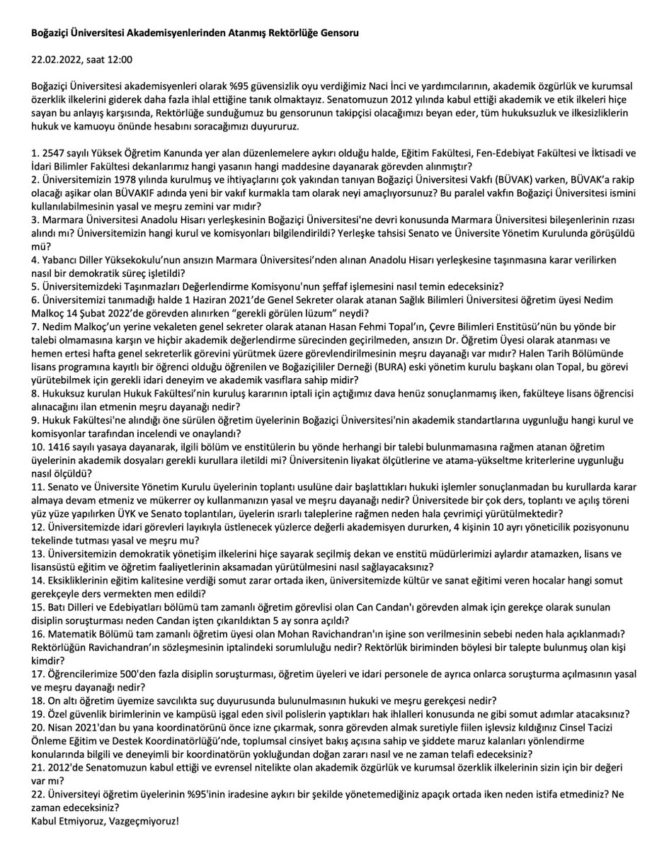 TunaALTINEL's tweet photo. Boğaziçi Üniversitesi öğretim üyelerinden gayrımeşru olarak atanmış kayyıma gensoru. Takipçisiyiz çünkü #KabulEtmiyoruzVazgeçmiyoruz ! https://t.co/fJEWKCyGcP