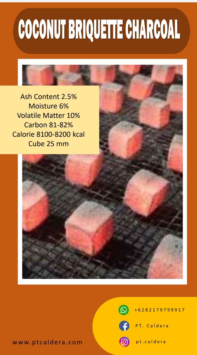 We produce Coconut Briquette Charcoal for Shisha which are premium and good quality, please prove it and I will give you a low price because it's currently on promotion period. Just contact us Whatsapp +6282179799917
ptcaldera.com
