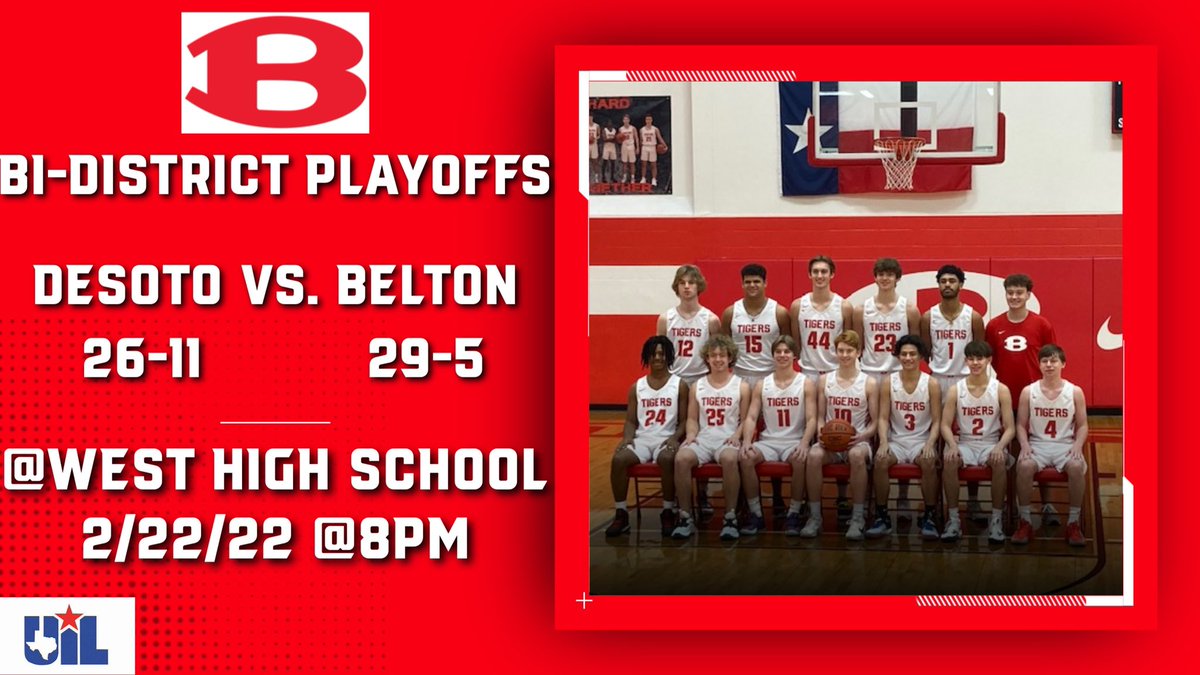 🚨Playoff Gameday🚨

Tigers open the playoffs tonight with a Bi-District round matchup vs Desoto at West High School. We need a BIG Tiger crowd tonight at West.

🆚 Desoto 

⏰ 8:00pm

📍 West HIgh School
 #WhoBesidesUs #BigRed  #BHS 
<a href="/BeltonISD/">BeltonISD</a> <a href="/BeltonISDAth/">Belton ISD Athletics</a> <a href="/BeltonHS/">BeltonHS</a>