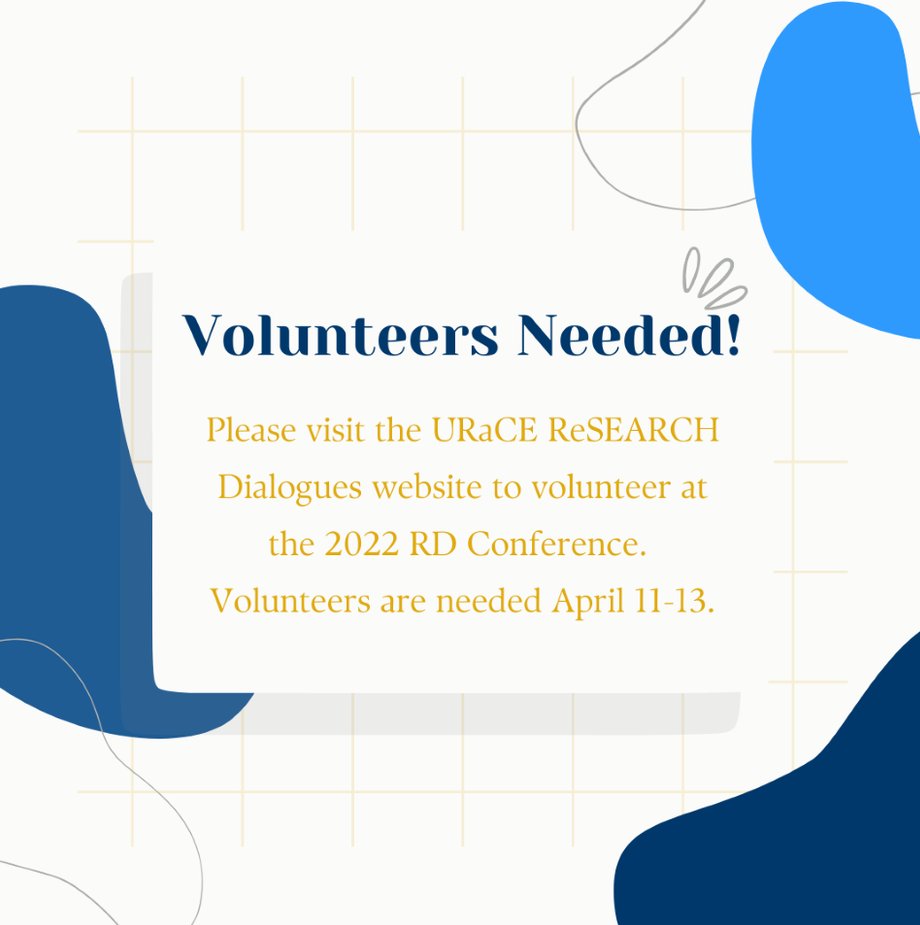 Click on this link (utc.edu/research/under…) to sign up to volunteer at our 2022 ReSEARCH Dialogues conference. Volunteers will receive a UTC meal voucher per shift scheduled. Visit the UTC URaCE ReSEARCH Dialogues website for more information!