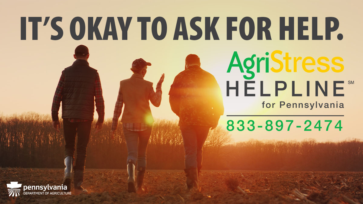 PAAgriculture's tweet photo. With partnership of the @USDA and the AgriSafe Network, The Pennsylvania Department of Agriculture launched a mental health helpline for the state’s farmers and their families. https://t.co/HoND5IBelm