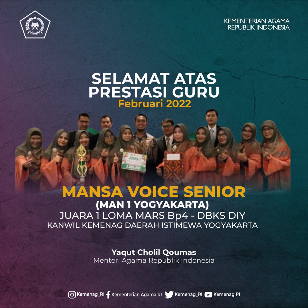 YaqutCQoumas's tweet photo. Apresiasi pada kalian adalah immune booster terbaik, tak lelah selalu membanggakan jajaran @Kemenag_RI. 

Selamat kepada para guru dan siswa MAN 1 Jogjakarta https://t.co/fGINjuGGzR