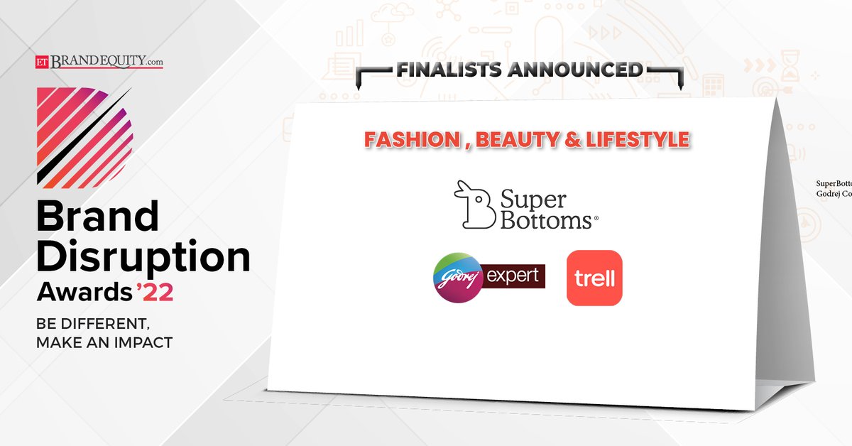 ET Brand Equity (@etbrandequity) on Twitter photo #ETBrandDisruption: We saw some brilliant work & the result is our strongest set of Finalists. Many Congratulations to all!
Category: Fashion, Beauty & Lifestyle
- <a href="/Superbottoms/">SuperBottoms</a>
- <a href="/GodrejExpert/">Godrej Expert</a>
- <a href="/TrellApp/">Trell</a>
Register for Awards : bit.ly/2ZkeO5e #ETBrandDisruption: We saw some brilliant work & the result is our strongest set of Finalists. Many Congratulations to all!
Category: Fashion, Beauty & Lifestyle
- <a href="/Superbottoms/">SuperBottoms</a>
- <a href="/GodrejExpert/">Godrej Expert</a>
- <a href="/TrellApp/">Trell</a>
Register for Awards : bit.ly/2ZkeO5e