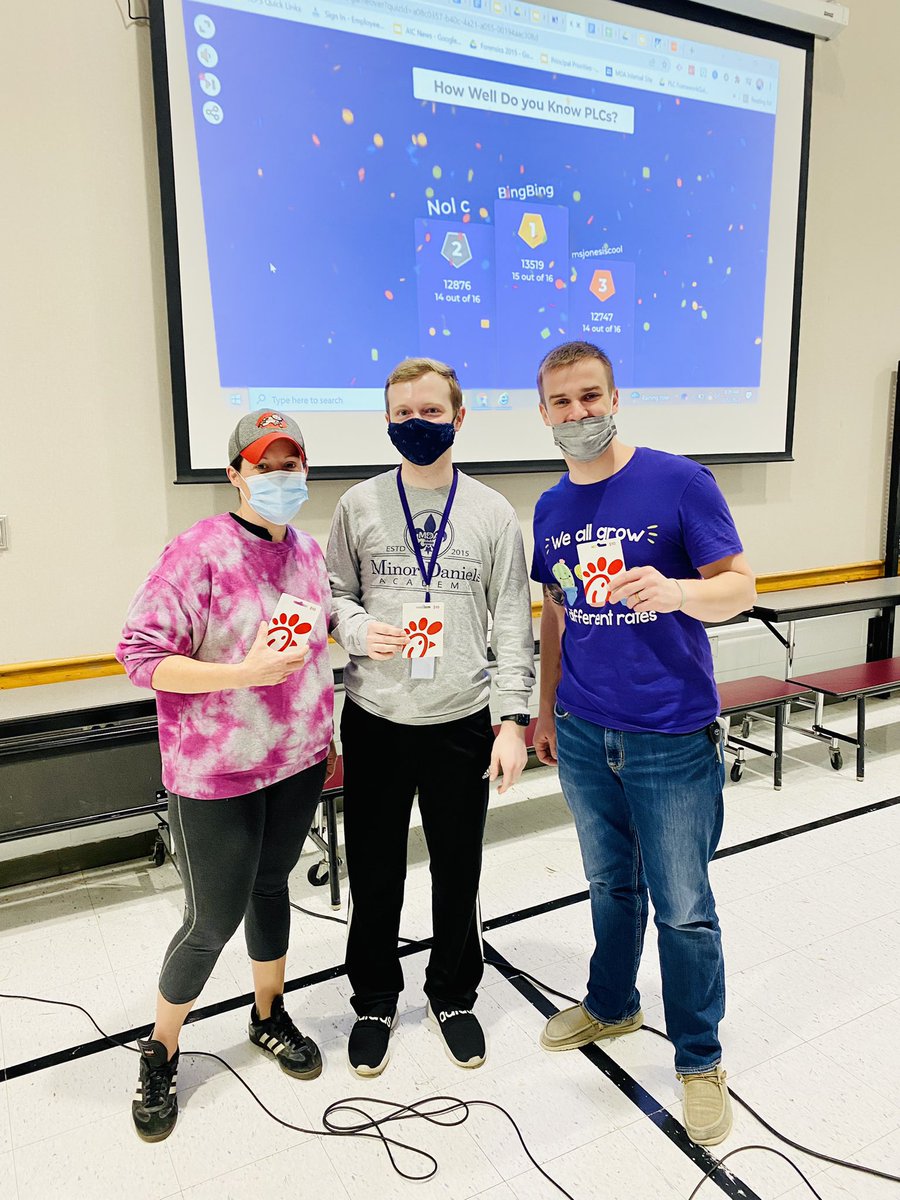 MinorDaniels's tweet photo. Congrats to Ms. Jones, Mr. Calhoun, and Mr. Bingham on winning the #PLC #kahoot game! #JCPSGoldDay #@JCPSDL https://t.co/XySXZpV6XI