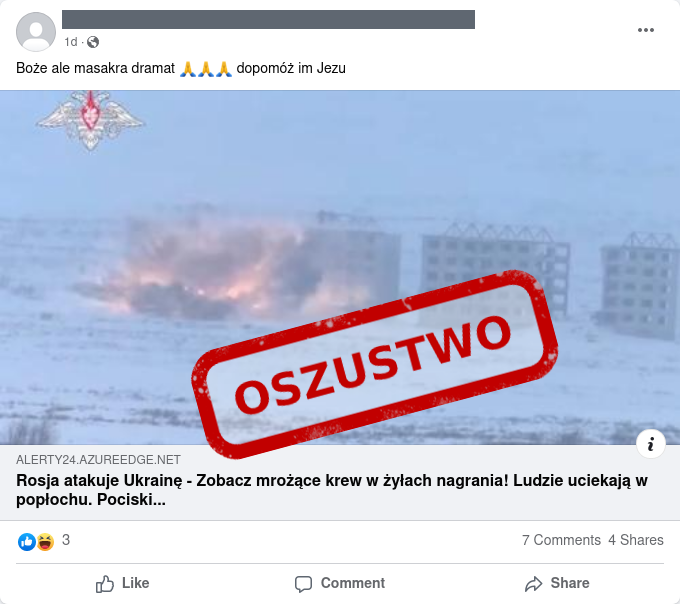CERT_Polska's tweet image. Uwaga! Od kilku dni obserwujemy na Facebooku posty o rzekomych materiałach wideo przedstawiających inwazję wojsk rosyjskich na Ukrainę. Dołączany jest do nich link, który kieruje do strony wyglądającej jak serwis informacyjny, z artykułem zawierającym wspomniany film.