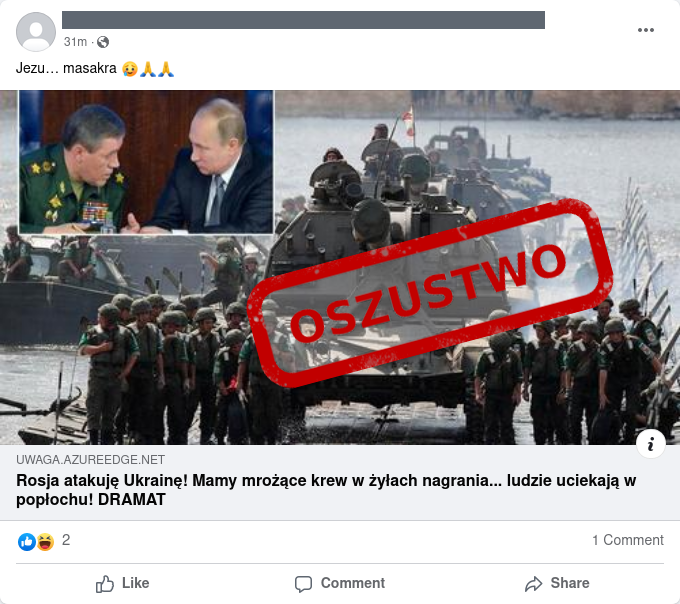 CERT_Polska's tweet image. Uwaga! Od kilku dni obserwujemy na Facebooku posty o rzekomych materiałach wideo przedstawiających inwazję wojsk rosyjskich na Ukrainę. Dołączany jest do nich link, który kieruje do strony wyglądającej jak serwis informacyjny, z artykułem zawierającym wspomniany film.