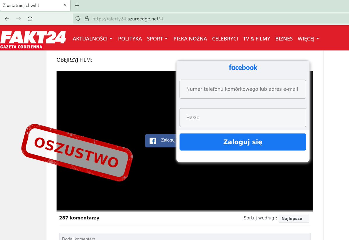 CERT_Polska's tweet image. Uwaga! Od kilku dni obserwujemy na Facebooku posty o rzekomych materiałach wideo przedstawiających inwazję wojsk rosyjskich na Ukrainę. Dołączany jest do nich link, który kieruje do strony wyglądającej jak serwis informacyjny, z artykułem zawierającym wspomniany film.