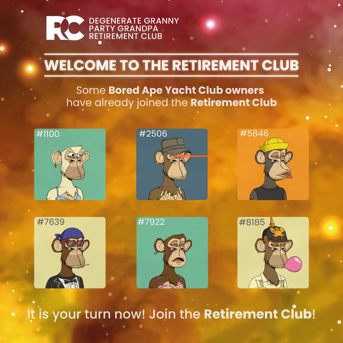 partygrandpanft's tweet photo. @carvethedegen Maybe you follow the other BAYC holders and join the Retirement Club 👀 

https://t.co/2z3qt0gIfb https://t.co/WOaqCCAY8M