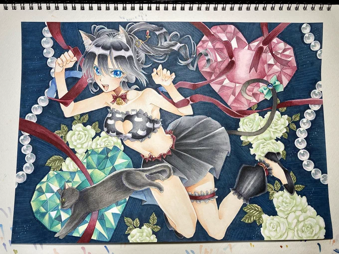 加工なしver. エメラルドのが特に綺麗に描けたので気に入ってます( *'﹀`* )  #猫の日 #ねこの日 #にゃんにゃんにゃんの日 #スーパー猫の日 #コピック #創作