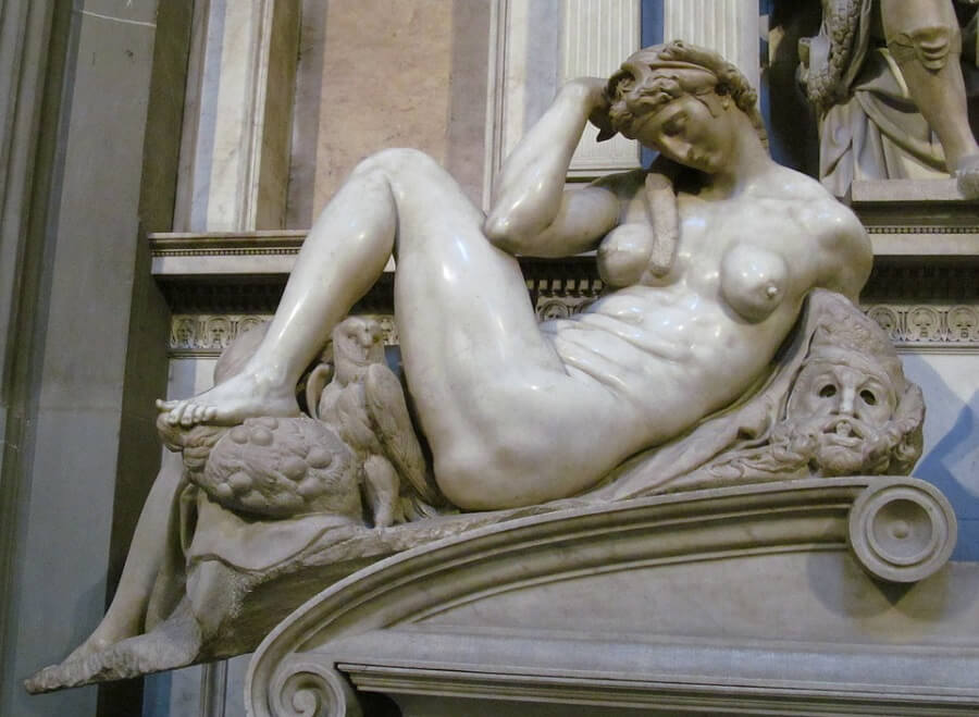 Giovanni Strozzi to Michelangelo, praising his incomparable sculpture Night:
—Here is this Night, that so calmly sleeps 
Before you, the creation of an angel.
She is of stone, but there is breath in her: 
Only awaken her—she will begin to speak.