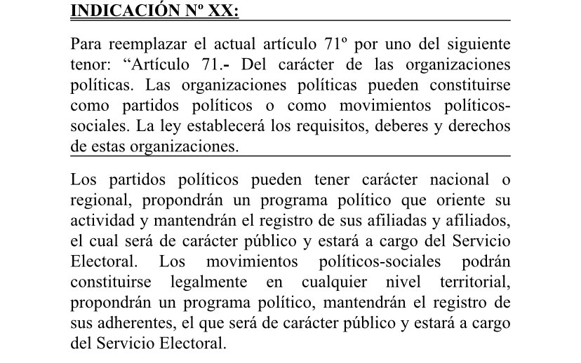 Esta indicación que suscribieron entre otros <a href="/Rmontero_/">Ricardo Montero Allende</a> <a href="/PedroMunozLeiva/">Pedro Muñoz Leiva</a> y <a href="/patriciapolitz/">Patricia Politzer</a> me parece en extremo preocupante. Implica la atomización total del sistema de partidos y la pérdida de su carácter al reconocer otros "movimientos políticos-sociales"