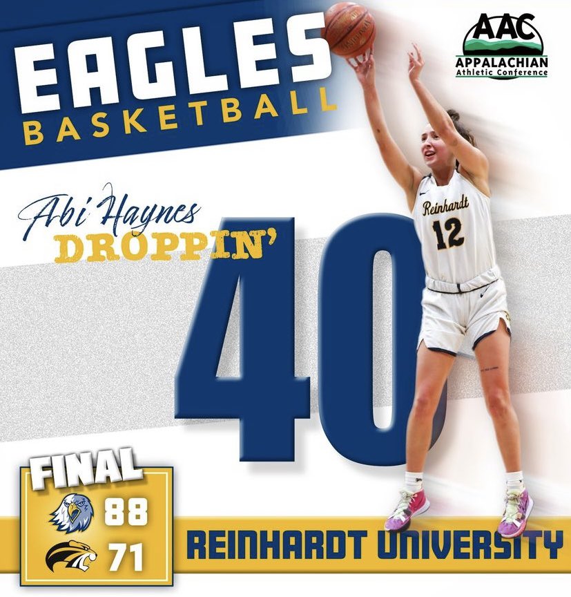 Reinhardt Athletics (@ru_eagles) on Twitter photo Psst…🤫 <a href="/RUWBB/">Reinhardt University Women’s Basketball</a> #12 Abi Haynes dropped 40 last night in <a href="/AACsports/">AAC Sports</a> First Round of Conference 🥶
#24Teams1RU 🦅 Psst…🤫 <a href="/RUWBB/">Reinhardt University Women’s Basketball</a> #12 Abi Haynes dropped 40 last night in <a href="/AACsports/">AAC Sports</a> First Round of Conference 🥶
#24Teams1RU 🦅
