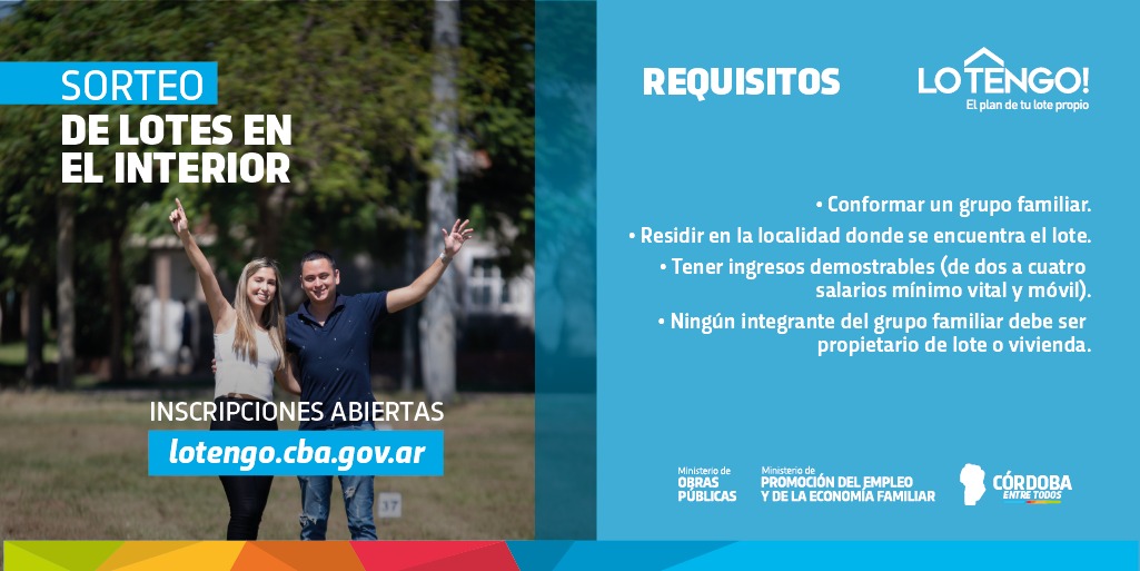 📢 Se encuentran abiertas las inscripciones para participar del sorteo de terrenos del programa #LoTengo en ✅ Embalse, ✅ Balnearia y ✅ Las Vertientes. 🏠

¿Te interesa? 🖐Accedé a requisitos y postulaciones aquí  ▶️ lotengo.cba.gov.ar

#Vivienda #Hacemos