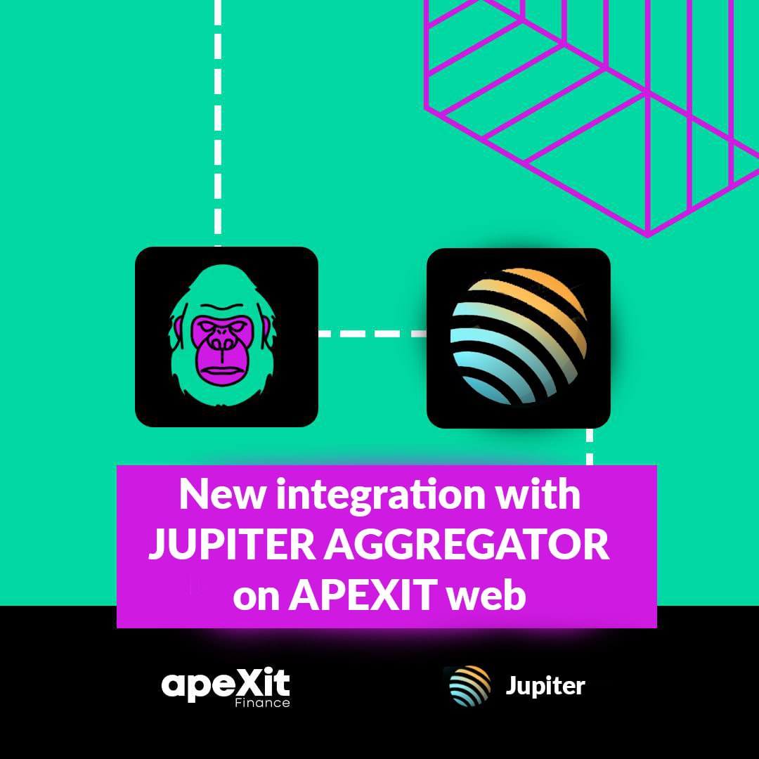 apeXit_finance's tweet photo. We are happy to announce that we have implemented the @jupiterExchange integration service to use it on our swap. So now you can get the best market prices to buy apex!! 🐒🚀 #Apexit #Solana https://t.co/TT92ePWpwW
