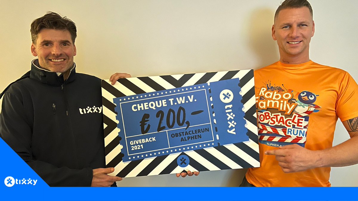 Tixxy is niet alleen gratis voor organisatoren van sportevenementen. We hebben zelfs een unieke cashback-actie voor sportevenementen.
Ricardo van den Belt van Obstacle Run Alphen heeft als eerste de cheque ontvangen van Mark van Hoorn, algemeen directeur van Tixxy.