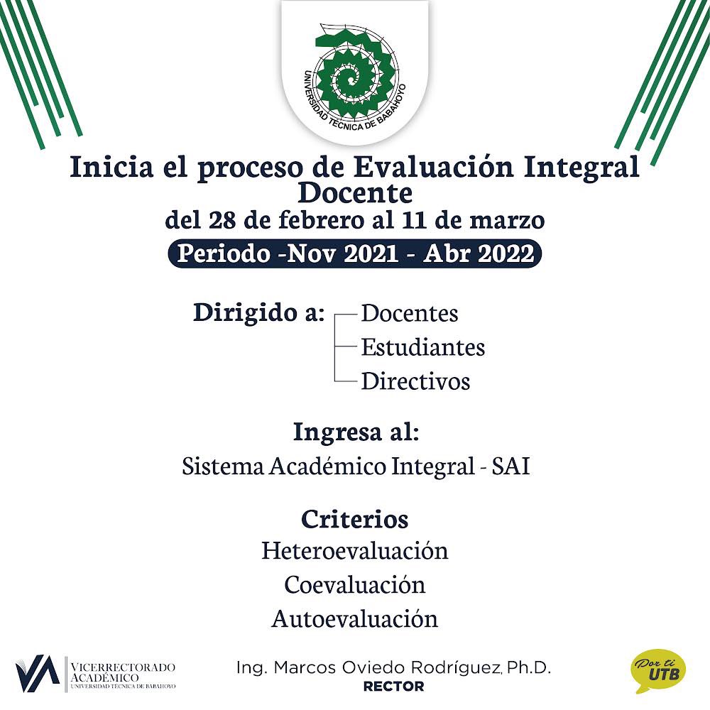 Damos inicio al proceso de Evaluación Integral Docente, periodo Nov 2021 - Abr 2022
