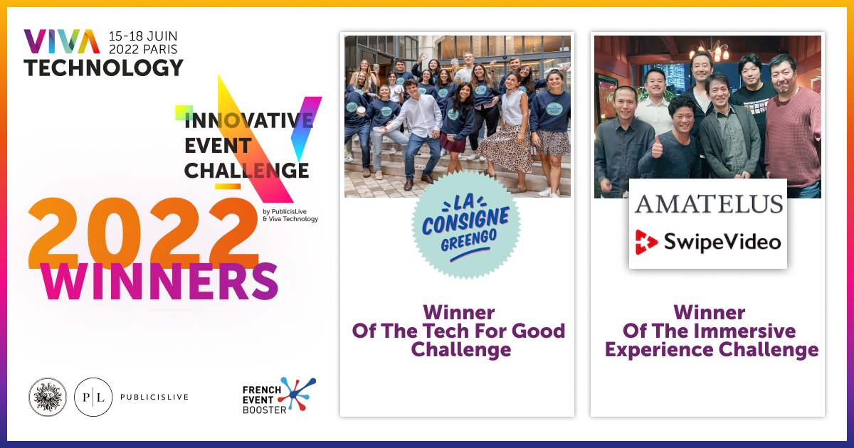 VivaTech's tweet photo. 🥁 please, for the winners of our Innovative Event Challenge with @PublicisLive_FR 👏🏆
A BIG congrats to:
#LaConsigneGreenGo, reusable packaging startup ♻️
SwipeVideo @AMATELUS1, user-controlled live streams 💻
Their vision will be the magic touch to creating #VivaTech 2022 🚀 https://t.co/n8Zj1Fd3LR