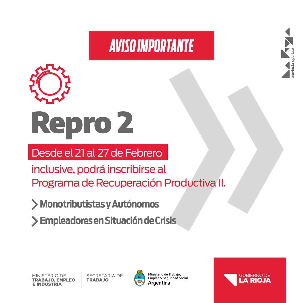 lr_trabajo's tweet photo. 📢Nueva inscripción al #REPRO2 del 21 al 27 de febrero.
🔴Este programa está destinado a las y los empleadores en situación de crisis, monotributistas y autónomos.
Si tenés dudas o consultas, comunicate acá:
📱 0800-222-2220
💻 consultasrepro2@trabajo.gob.ar https://t.co/Wp7Jq3CiT4