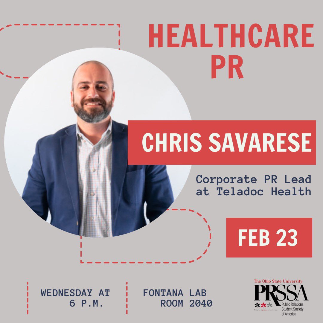 🗣🚨MEETING ALERT🚨🗣

Join us TOMORROW (2/23) at 6 p.m. in Fontana 2040! Chris Savarese, Director of Corporate Public Relations at Teledoc Health, will be sharing his insights on the healthcare industry from a PR perspective. Hope to see you there! 🤩

#prssa #healthcare