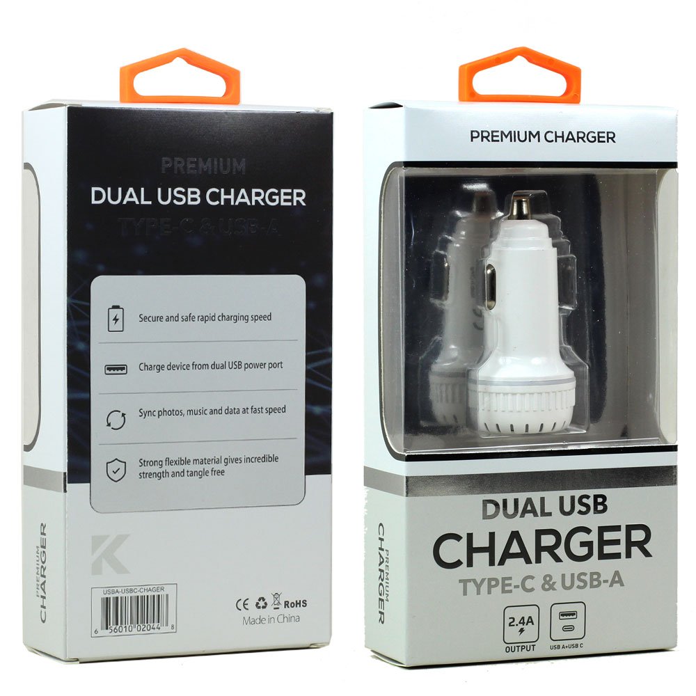 KIKOWireless's tweet photo. USB-A and USB-C (TypeC) 2.4A Dual 2 Port Car Charger Adapter in black and white https://t.co/lwevfzs83u