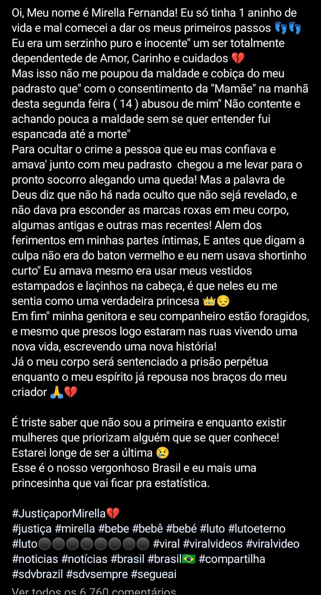 victoriavanzi's tweet photo. Mirella Fernanda tinha 1 ano e 3 meses quando foi assassinada e estuprada pelo padrasto e com o apoio da mãe. Eu não vi ninguém pedindo justiça por ela. Mirella tinha nascido, tinha uma vida. Até quando um feto vai ser mais importante do que aqueles que já nasceram? #AbortoNao https://t.co/Ebpj93Ni5g
