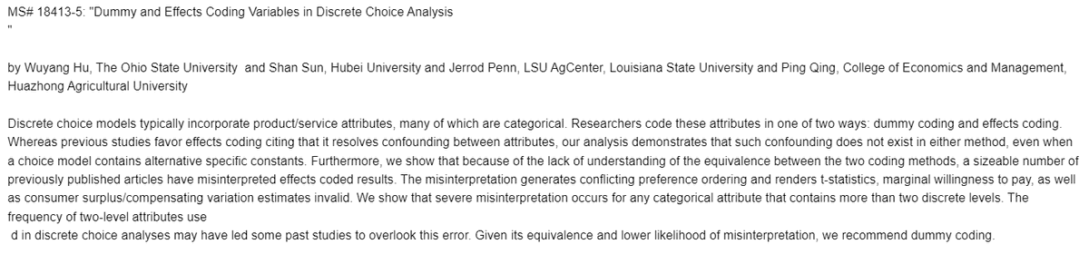 AJAE_AAEA's tweet photo. Forthcoming in the AJAE: "Dummy and Effects Coding Variables in Discrete Choice Analysis," by Wuyang Hu https://t.co/J4IODjBQRg