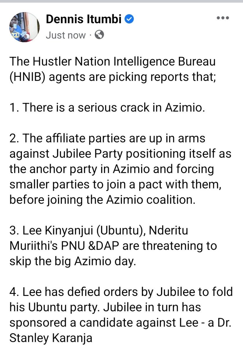 OleItumbi's tweet photo. The Hustler Nation Intelligence Bureau (HNIB) agents are picking reports that;

1. There is a serious crack in Azimio....

Position of Jubilee as ANCHOR party in Azimio causing discontent.....

...it is so DECLASSIFIED! https://t.co/RFoBaCqQvu