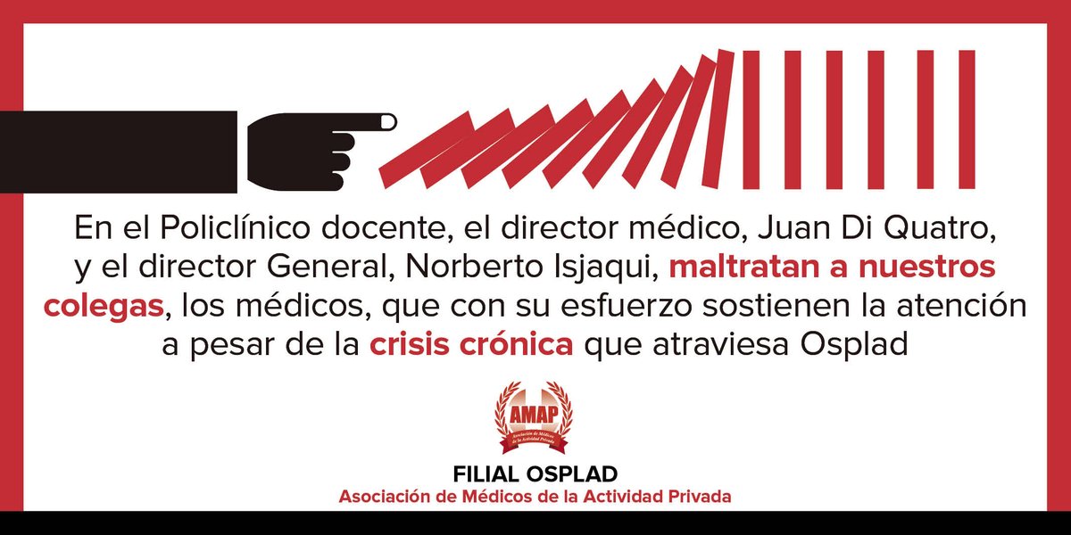 SindicatoAMAP's tweet photo. [SITUACIÓN EN OSPLAD] REPUDIAMOS EL MALTRATO Y EXIGIMOS QUE SE ESCUCHEN NUESTROS RECLAMOS
✔Link a la nota completa: https://t.co/uPta6PvOlB
#Conflicto
#ViolenciaLaboral
#Sindicato
#MedicosArgentinos
#SindicatoMédicoAMAP https://t.co/41pdoselPQ