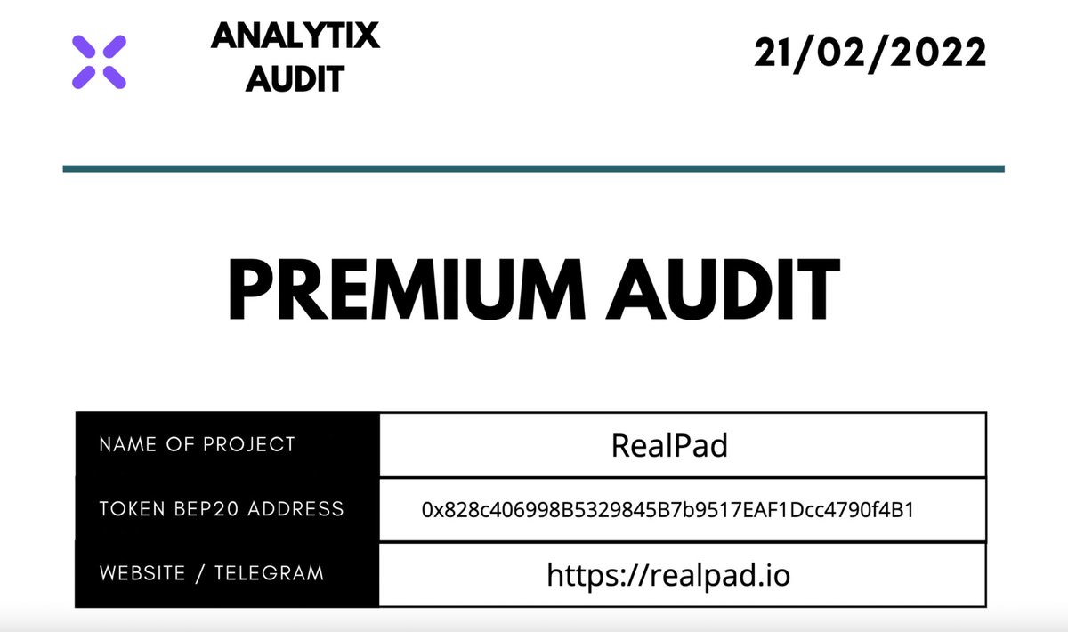 RealPad Contract Has Successful Audited by analytixaudit.com 

Audit link: 
github.com/AnalytixAudit/…

Pinksale link:
pinksale.finance/?#/launchpad/0…

#audit #presale #PinkSale #RealPad #BSCNews #BinanceSmartChain
