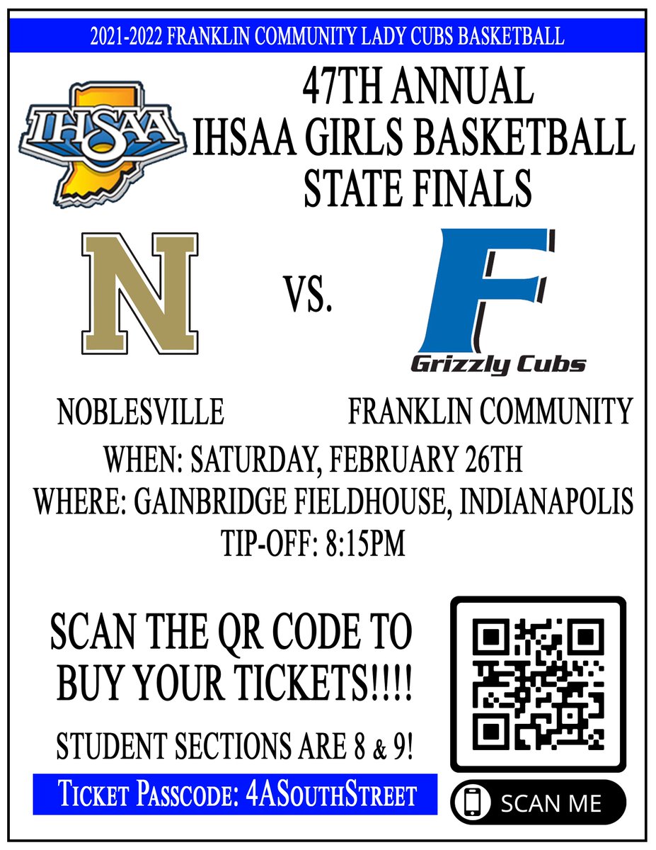 Grizzly Cub Fans!  Here's your ticket info for GBB State Finals.  LET'S GO!