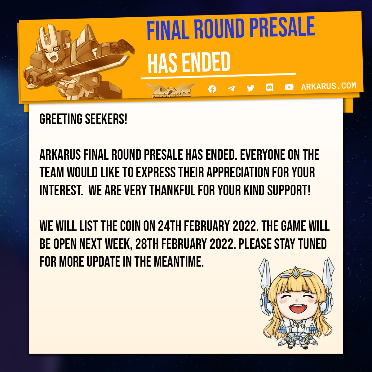 ArkarusNFT's tweet photo. Final round presale has ended. Thank you for your kind support!
#Arkarus #Gamefi #NFTGame #AKSPresale https://t.co/dxETVr6RKf