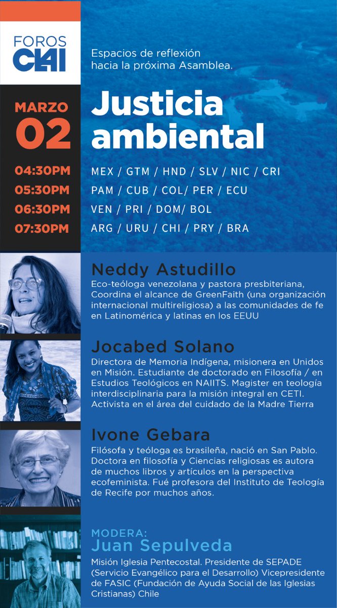 Les invitamos a inscribirse al Foro #CLAI, el 2 de marzo #JusticiaAmbiental con un panel de gran nivel: las teólogas Ivone Gebara, <a href="/kunanega/">Jocabed Solano</a>, <a href="/NeddyAstudillo/">Neddy Astudillo</a> y modera Juan Sepulveda. Espacios de reflexión rumbo a la Asamblea forms.gle/nbYiFGpkNavNGJ… #Teología #ecología #fe