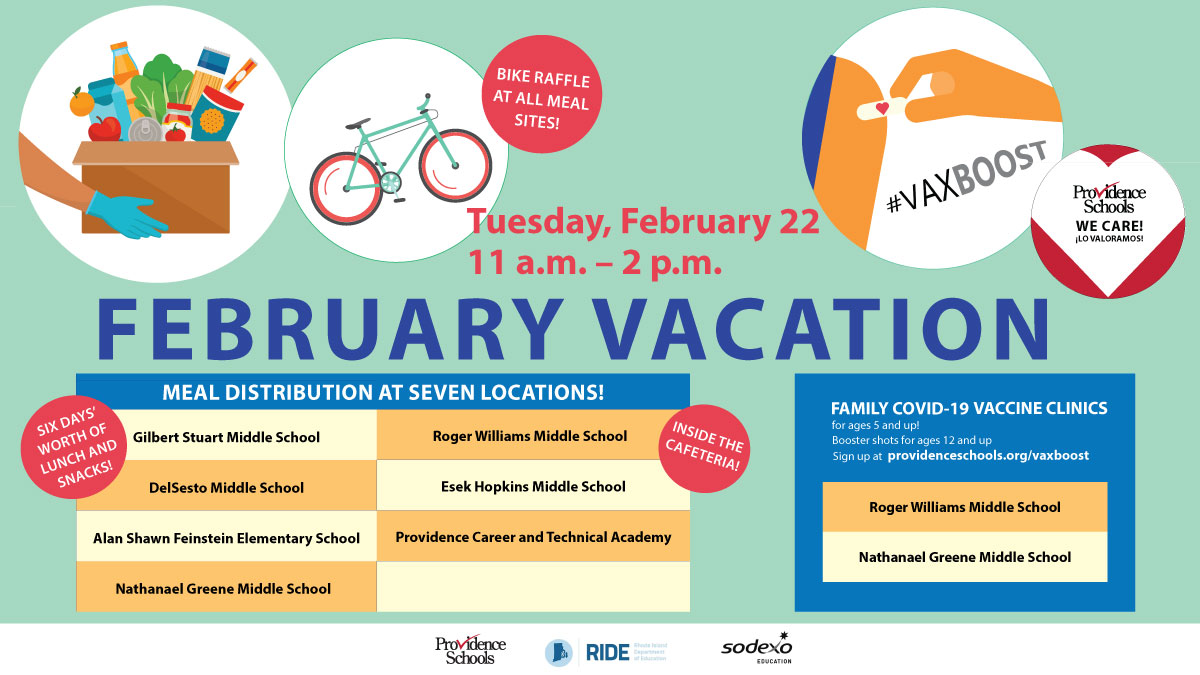 pvdschools's tweet photo. Today's the day for FREE meals to youth 18 and under at 7 schools 11am - 2pm! There is a bike raffle at each meal site!
And sign up for family vaccination clinics (all ages) at @RWMSprov 278 Thurbers Ave and @NGreeneMidSch 721 Chalkstone Ave. https://t.co/BhNH1wHTjD #vaxboost https://t.co/7ku6jb3q9X