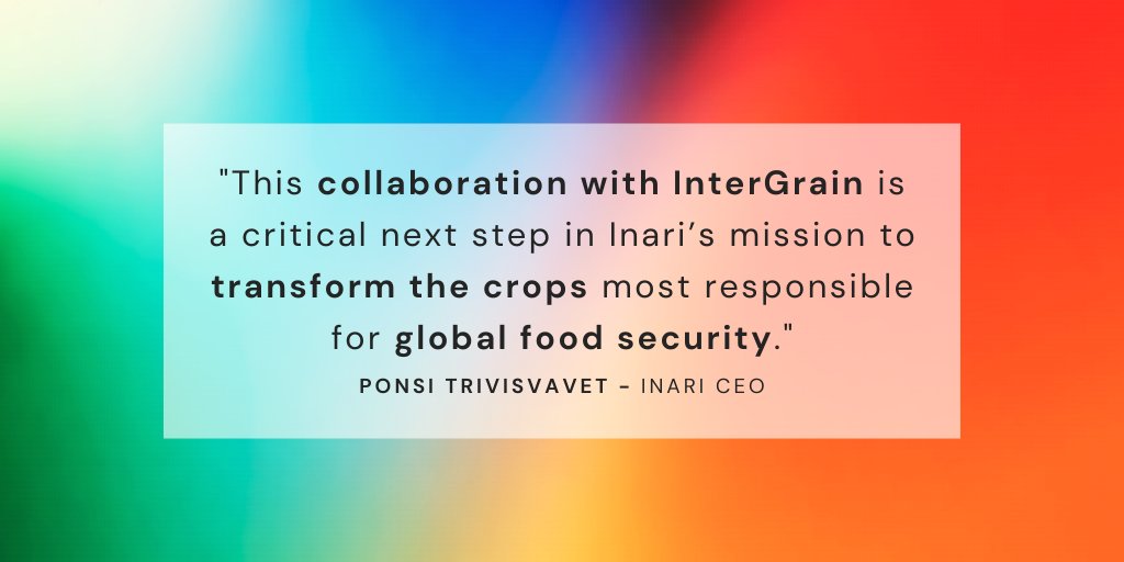 2 billion rely on wheat as their main food source, and today we announced a collab with <a href="/InterGrain1/">InterGrain</a> to deliver a step-change in its yield potential. It’s the next step in our mission to help transform the crops most responsible for global food security.  inari.com/news/intergrai…