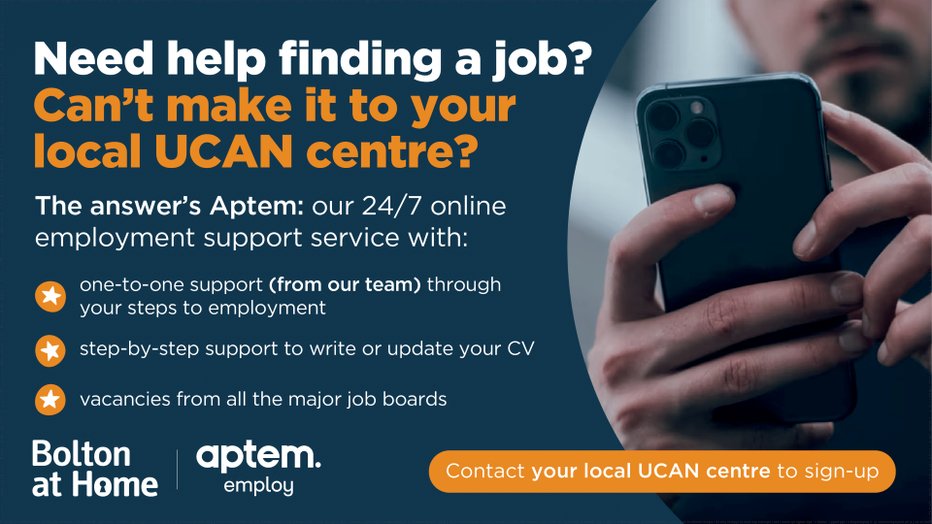 We’re not just about bricks and mortar.

We’ve introduced Aptem to grow the lineup of employment support we offer and make it accessible to more people. For more ways we can support you into work, visit: boltonathome.org.uk/getting-into-w…