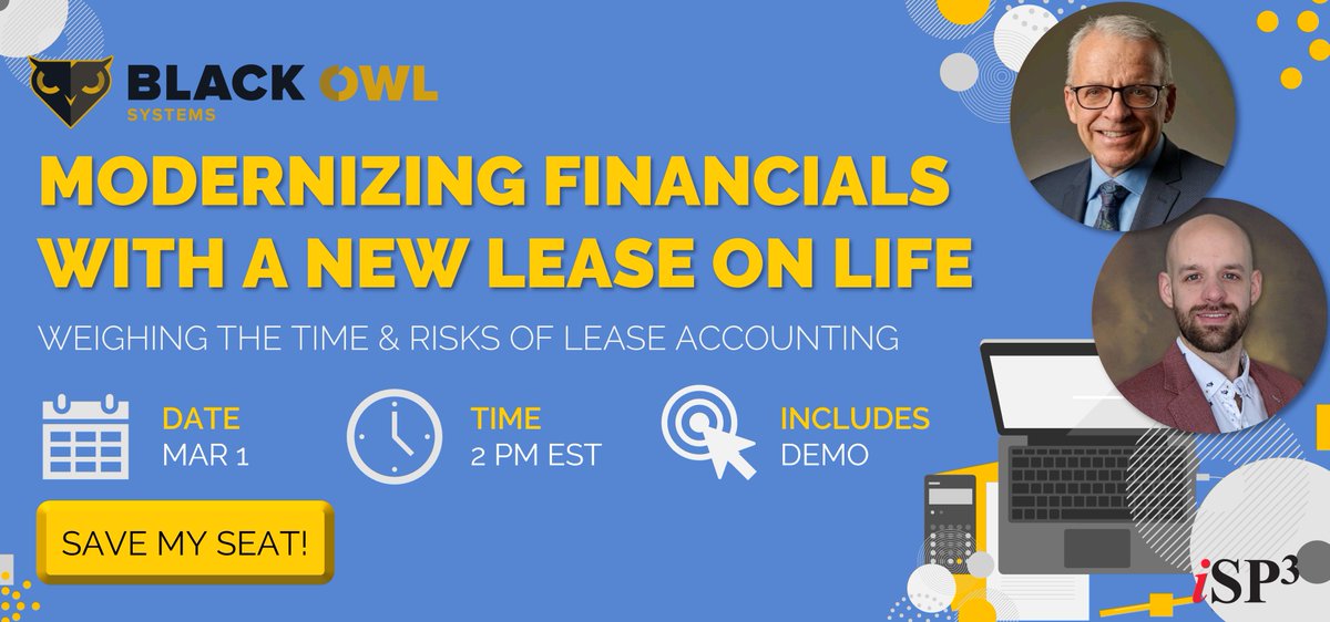 iSP3_solutions's tweet photo. Join us March 1 at 2 PM EST for “Modernizing Financials with a New Lease on Life” with our friends from Black Owl Systems https://t.co/dit24QOEej #leaseaccounting #webinar https://t.co/JvG2lViaRc
