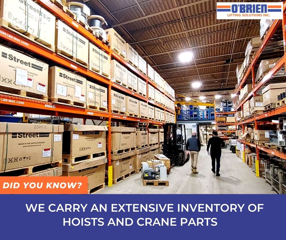 OBrienLifting's tweet photo. We understand downtime means a loss of productivity and profit to our customers, so we carry an extensive inventory of hoists and crane parts in our primary warehouse. We equip each of our service trucks with the spare parts and tools to service most makes and models of cranes. https://t.co/wBaNAVAz9U