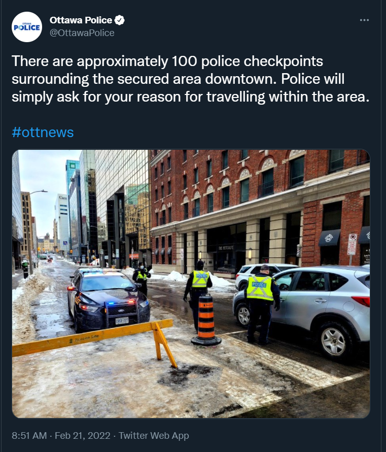 I kid you not, Trudeau has some 100 police checkpoints all around Ottawa. Police are demanding to know a person's purpose of travel. Trudeau has turned the city into East Berlin.