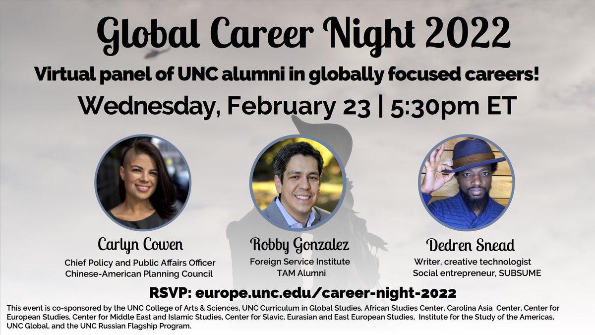 Join Global Studies and our UNC area studies centers for Global Career Night 2022 on Wednesday, February 23rd at 5:30pm.  This event is hybrid and is being offered in the Mandela Auditorium in the FedEx Global Education Center and via Zoom.

RSVP:unc.zoom.us/meeting/regist…