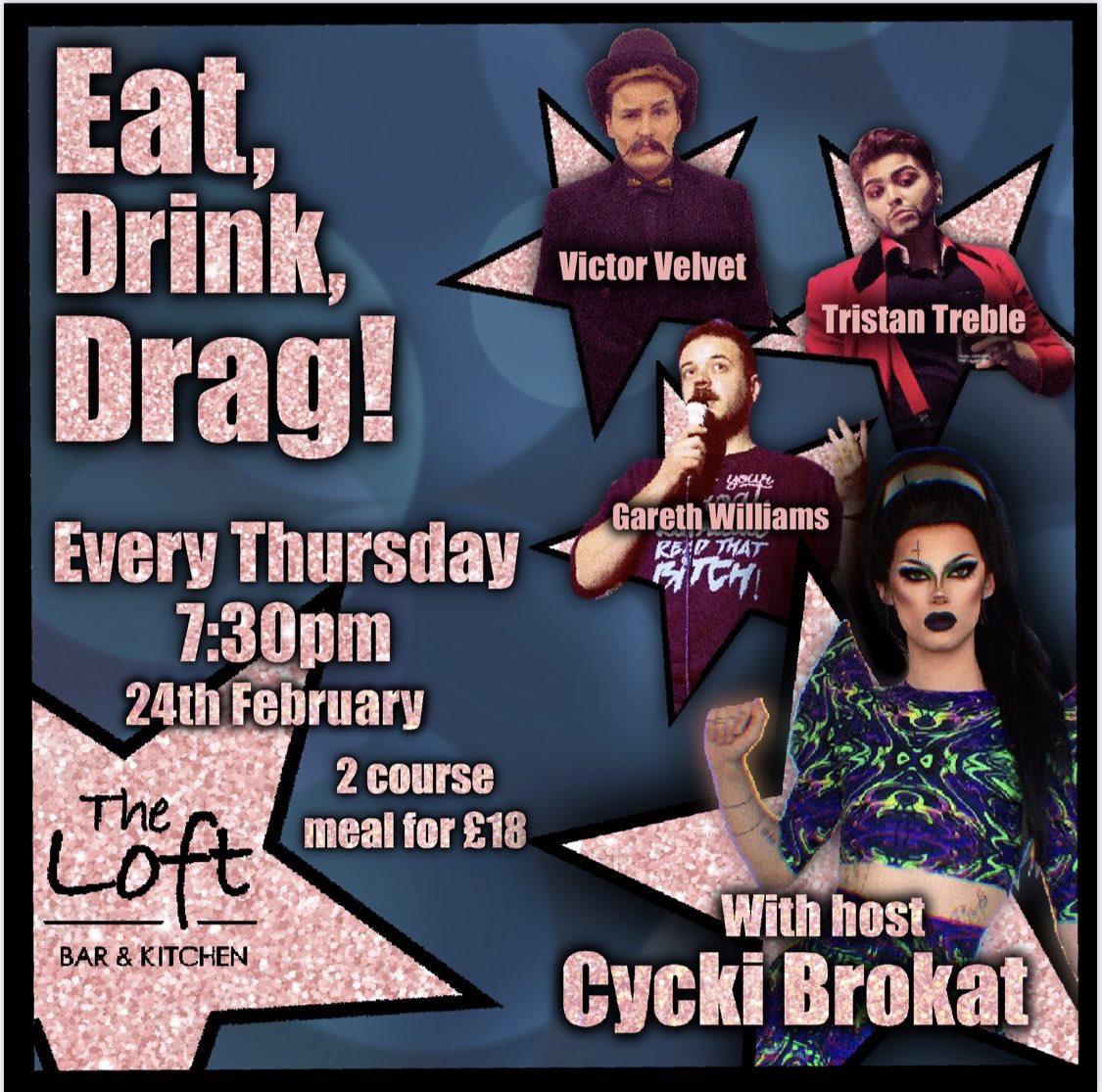 👠✨💅EAT, DRINK, DRAG! 👠

Thursday night's newest dinner and show extravaganza. 

Starting this Thursday with some of Birmingham's finest! 

Hosted by <a href="/cyckibrokat/">Cycki Brokat</a> 
with <a href="/victorvelvet_/">Victor Velvet</a> <a href="/TristanTreble/">Tristan Treble</a> and Gareth Williams 

Show from 7.30pm
2 courses for £18