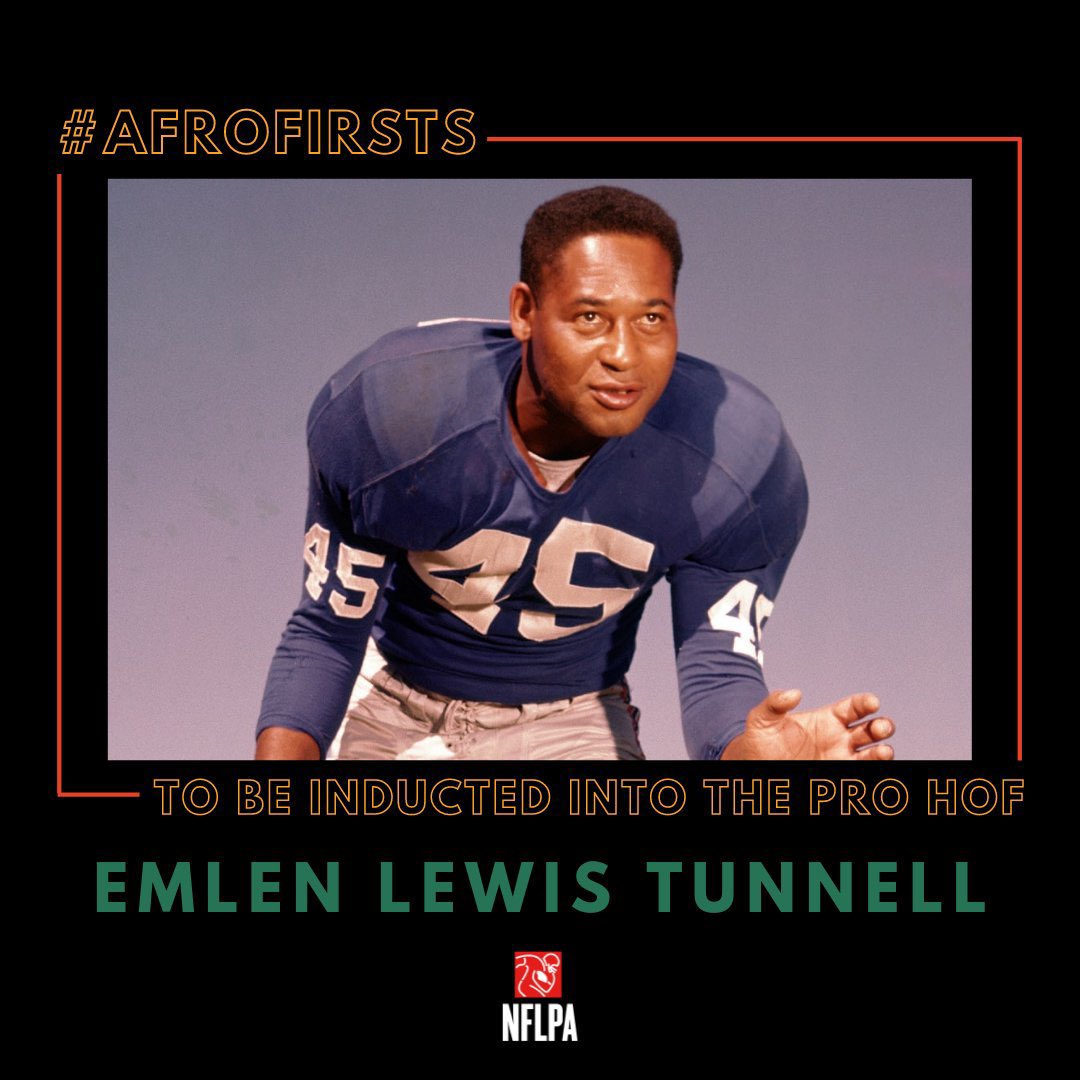NFLPAFmrPlayers's tweet photo. Emlen Lewis Tunnell was the first African American in the modern era to play for the New York Giants and also the first to be inducted into the Pro Football Hall of Fame. He was elected into the HOF in February 1967. #AfroFirsts #BHM https://t.co/ao6l0VqCbY