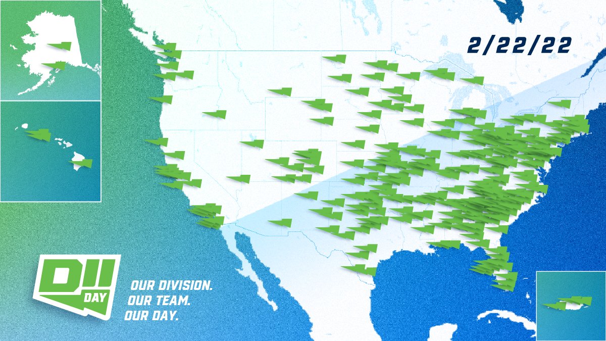 STACSpartans's tweet photo. Rise and Shine Spartan Army! It's 2/22/22 and the NCAA's first ever Division II Day.
Check out all of the D2 institutions across the country as indicated by the green flags on the map.
#D2Day #MakeItYours #MakingSuccessAHabit https://t.co/ByrBUJDobT
