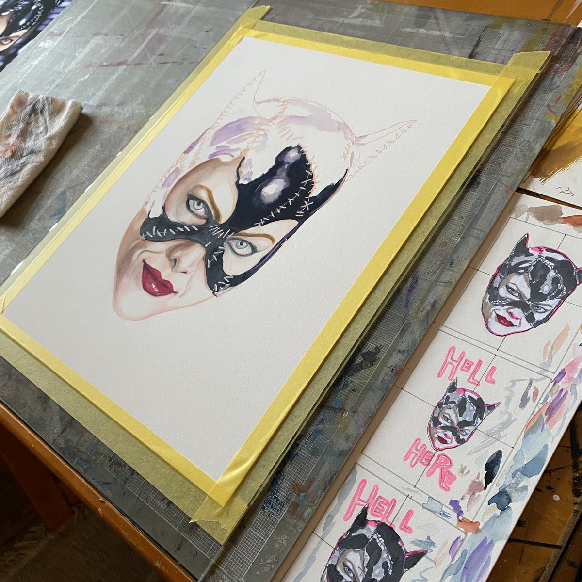 ManlyArt's tweet photo. Been a while since I posted any #art . Here’s a #wip for an upcoming show. #catwoman #batmanreturns #michellepfeiffer #gouache #painting #meow https://t.co/gWkGshFOh0