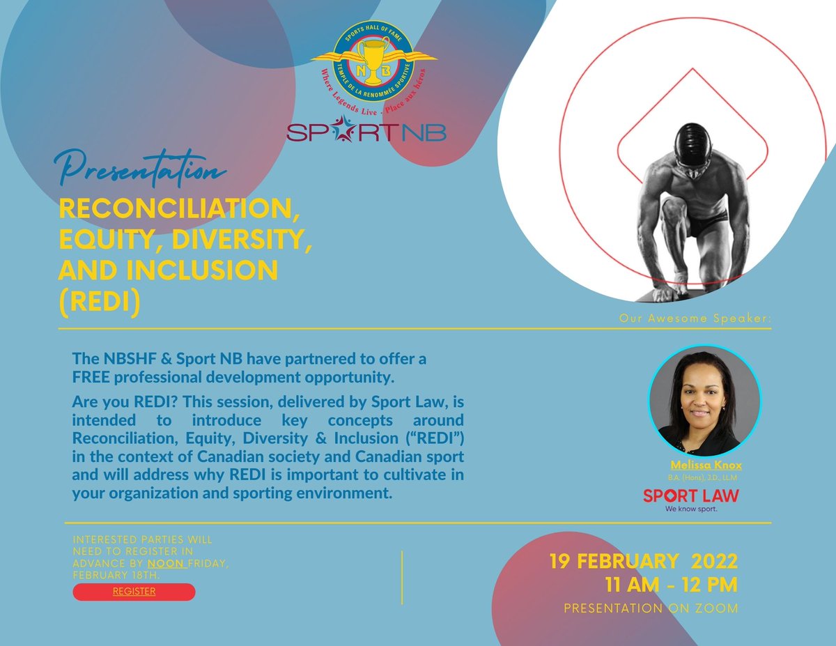 Thanks to @NBSHF and @SportNB for inviting me to speak on Saturday! The first of many conversations around Reconciliation, Equity, Diversity, Inclusion. Who' REDI?! 👍🏾🙂

#REDI #Reconciliation #Equity #Diversity #inclusion #equityinsport 
@sportlawca