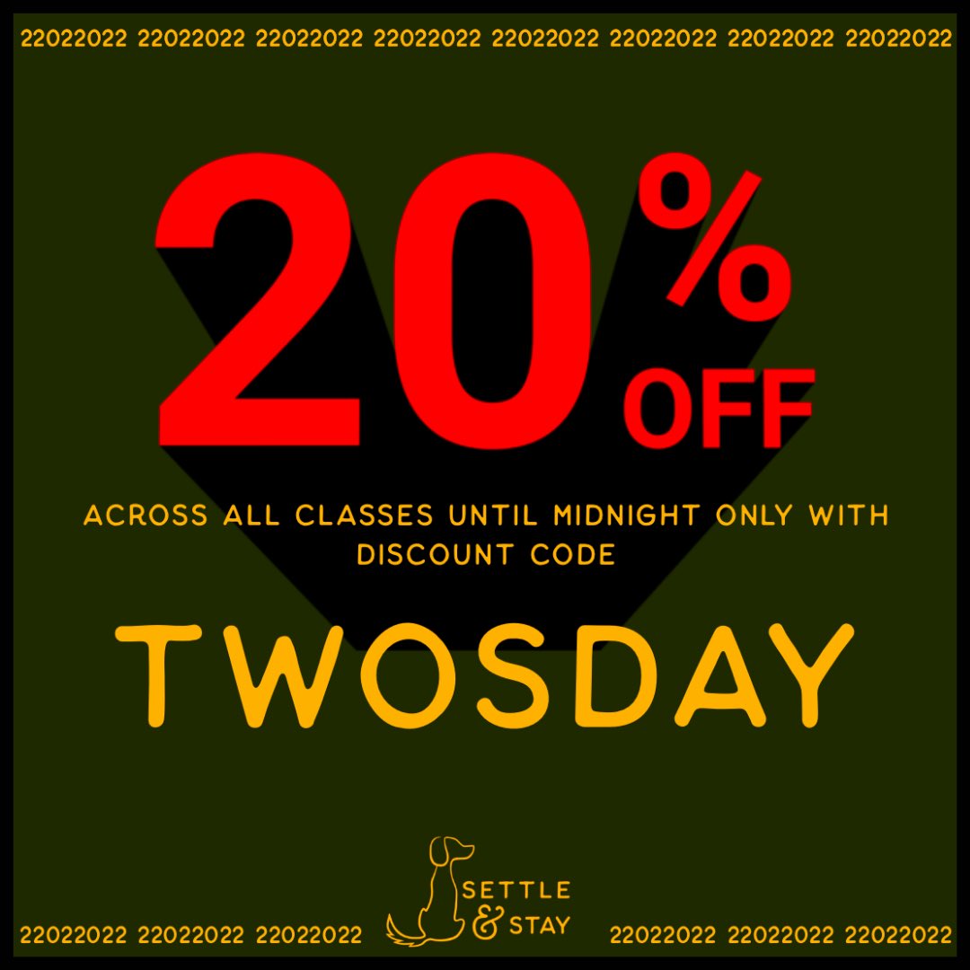 At Settle &amp; Stay we’re offering a fabulous 20% off across ALL TRAINING CLASSES until midnight with discount code TWOSDAY to celebrate this special date, 22022022! Head to the link below to book online! 🐶💛🐾

settleandstay.co.uk/book-online

#settleandstay #22022022 #dogtraining